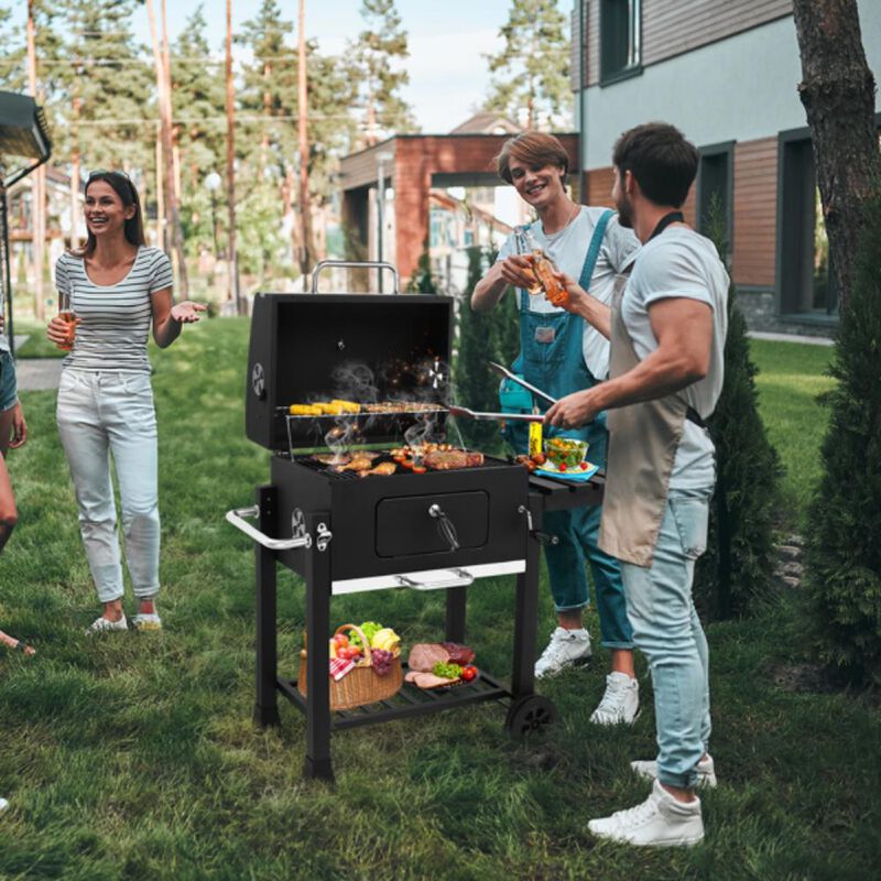 Charcoal Grill with Foldable Side Table and Wheels, Portable Outdoor BBQ Grill for Backyard Cooking