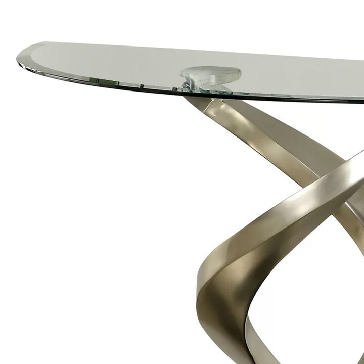 Sofa Table with Twisted Metal Base and Semi Circular Glass Top, Silver-Benzara