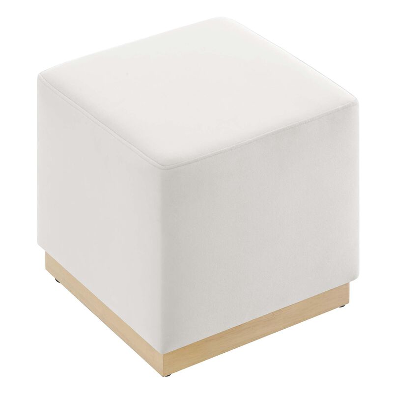 Modway Tilden 17 Inch Square Performance Velvet Upholstered Ottoman in Alabaster Natural - Small Ottoman Foot Rest with Rubberwood Plinth Base - Living Room Ottoman Side Table, image number 6