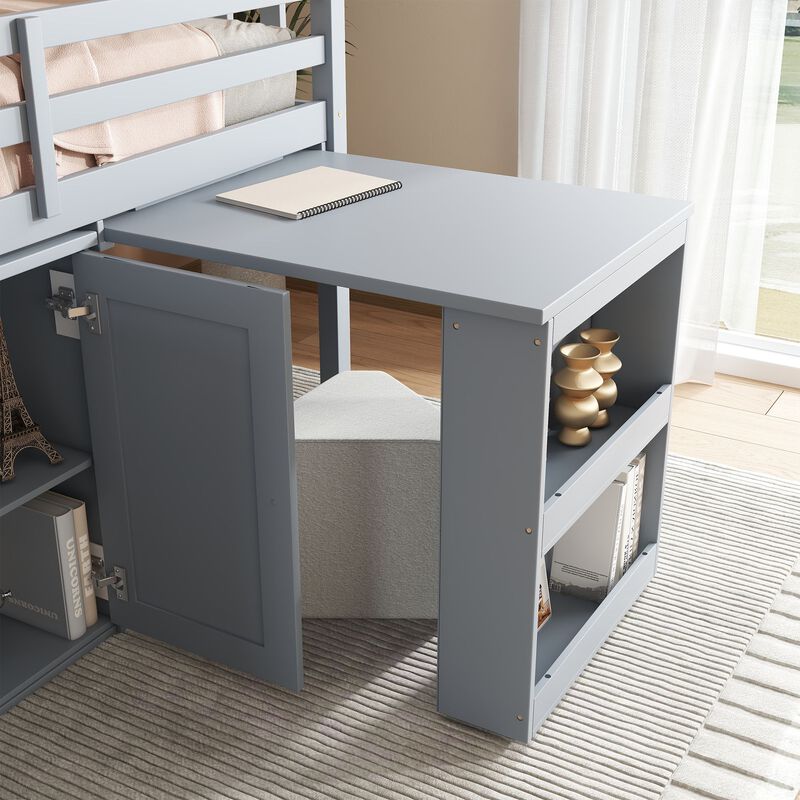 Whisen Twin Loft Bed with Drawers, Built-in Cabinet and Pulling-Out Desk, Rubber Wood Loft Bed with Safety Guardrail and Ladder - Gray