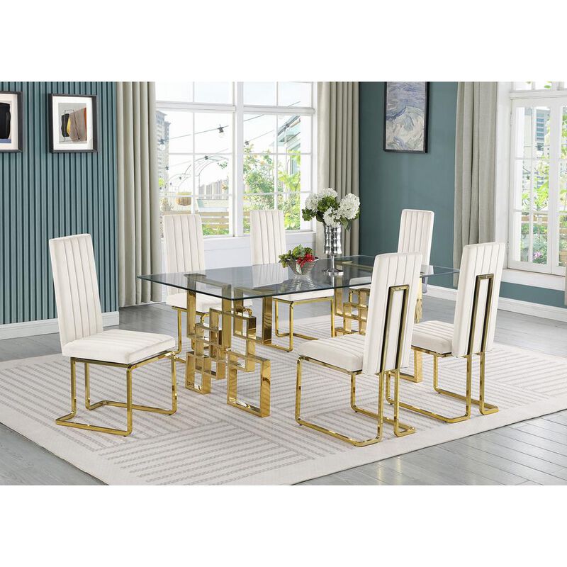 7-piece glam dining set with 6 Cream chairs and one 79" glass  table