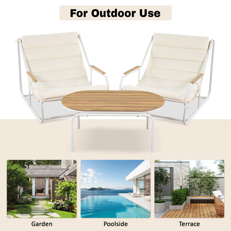Clihome Outdoor Chaise Lounge Chairs Set of 3, Patio Chaise Lounge Chair with Acacia Side Table, Pool Lounge Chairs for Lawn, Deck, Beach