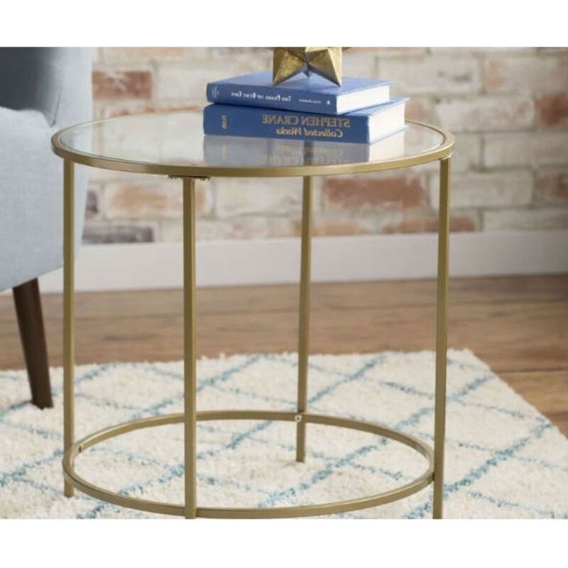 QuikFurn Round Glass Top End Table Nightstand with Gold Metal Frame