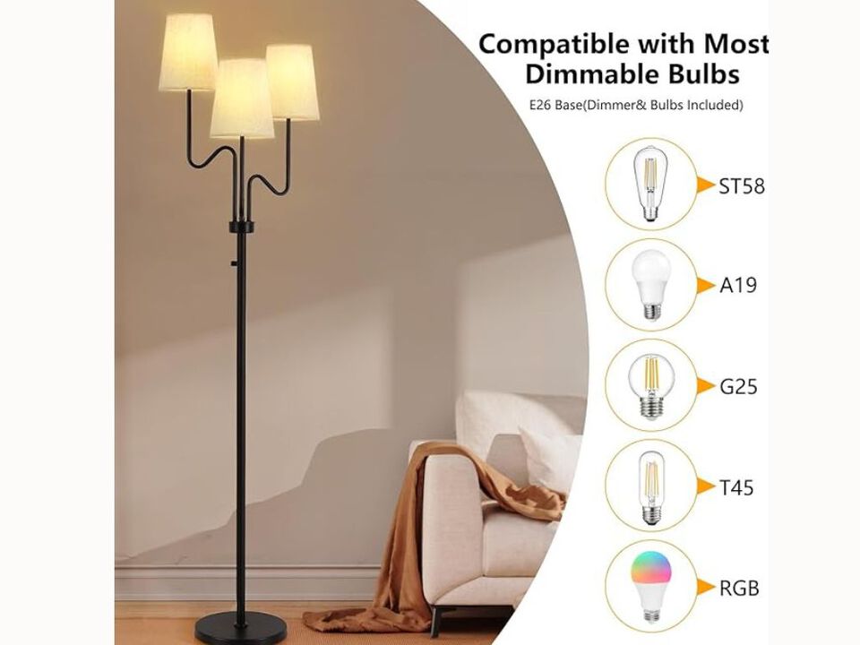 Farmhouse Floor Lamp – 68" Tall, 3-Light Dimmable, Fabric Shade, LED Bulbs Included