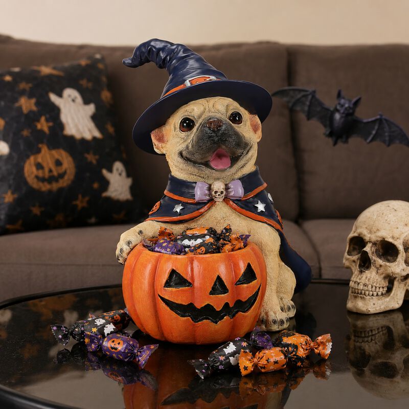 Worip Halloween Resin Dog Witch Figurine with Pumpkin Candy Bowl image number 5