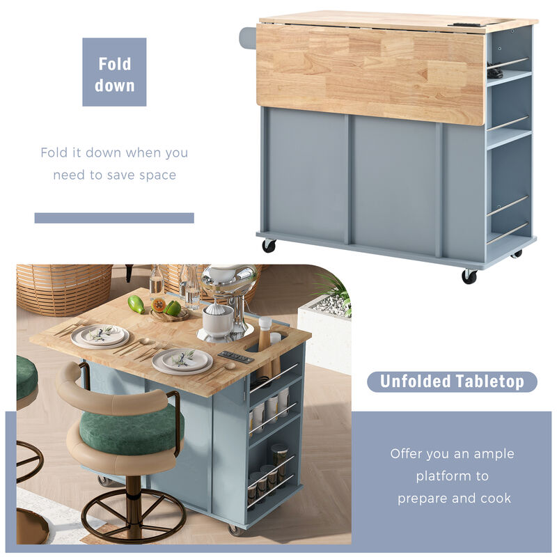 Whisen Modern Kitchen Island with Drop Leaf and Wheels - Grey Blue