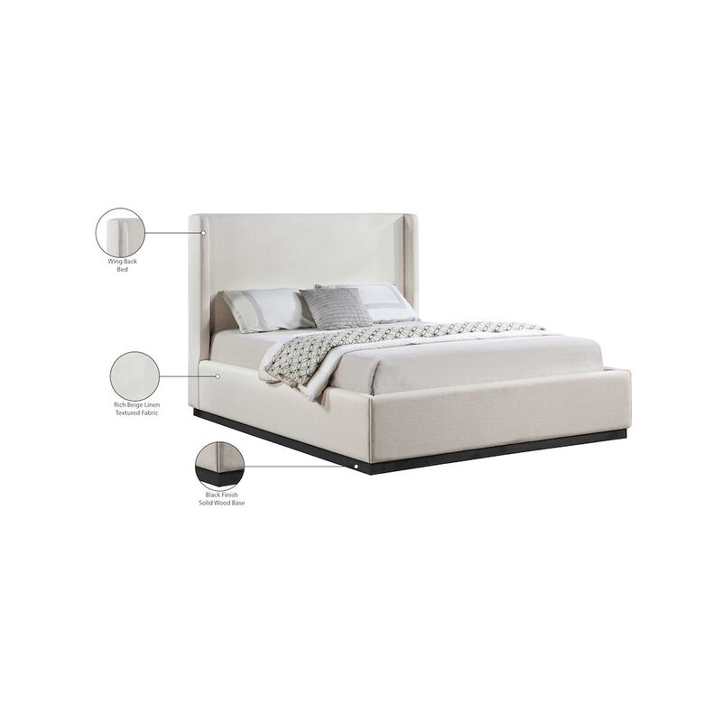 Meridian Furniture Flynn Beige Linen Textured Fabric Queen Bed
