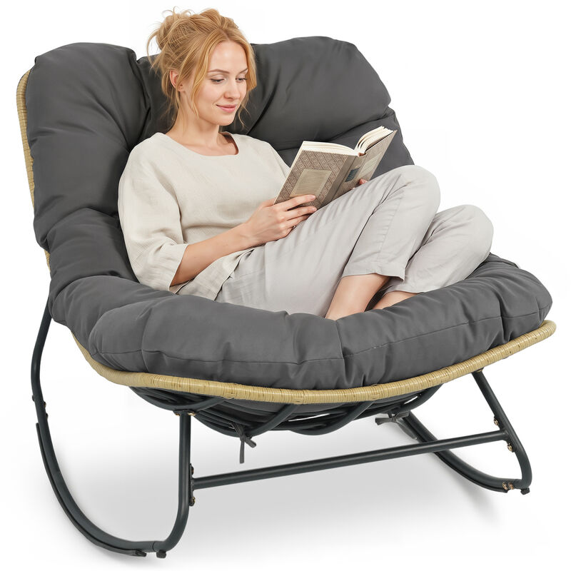 Patio Papasan Rocking Chair with Grey Thick Cushion for Outdoor Comfort image number 6