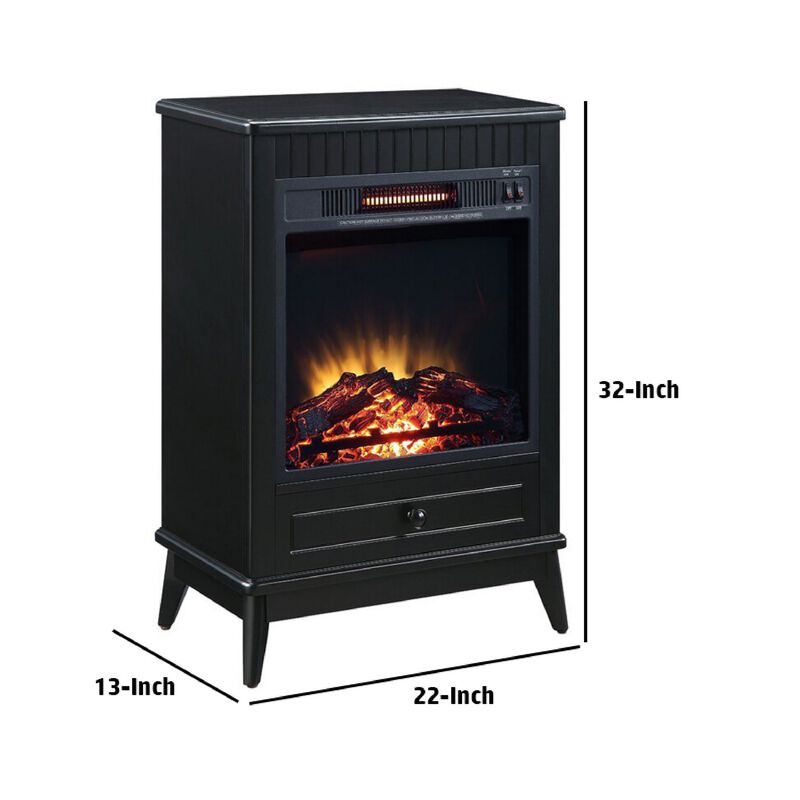 Etu 32 Inch Wood End Table with LED Electric Fireplace, 1 Drawer, Black-Benzara