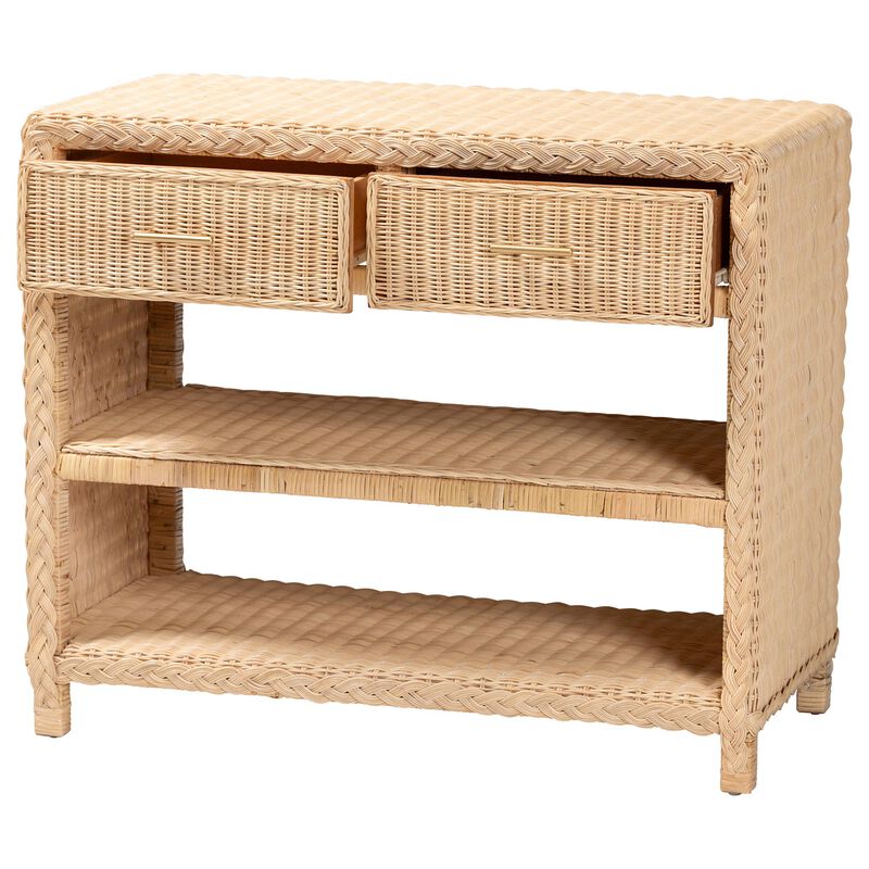 bali & pari Lanica Braided Natural Rattan Console Table with Drawers and Shelves – Coastal Style Storage Cabinet for Entryway, Living Room, or Bedroom, 35"