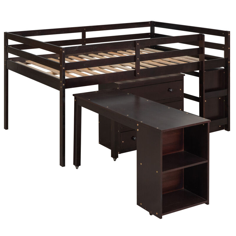 Low Study Full Loft Bed with Cabinet, Shelves and Rolling Portable Desk, Multiple Functions Bed- Espresso