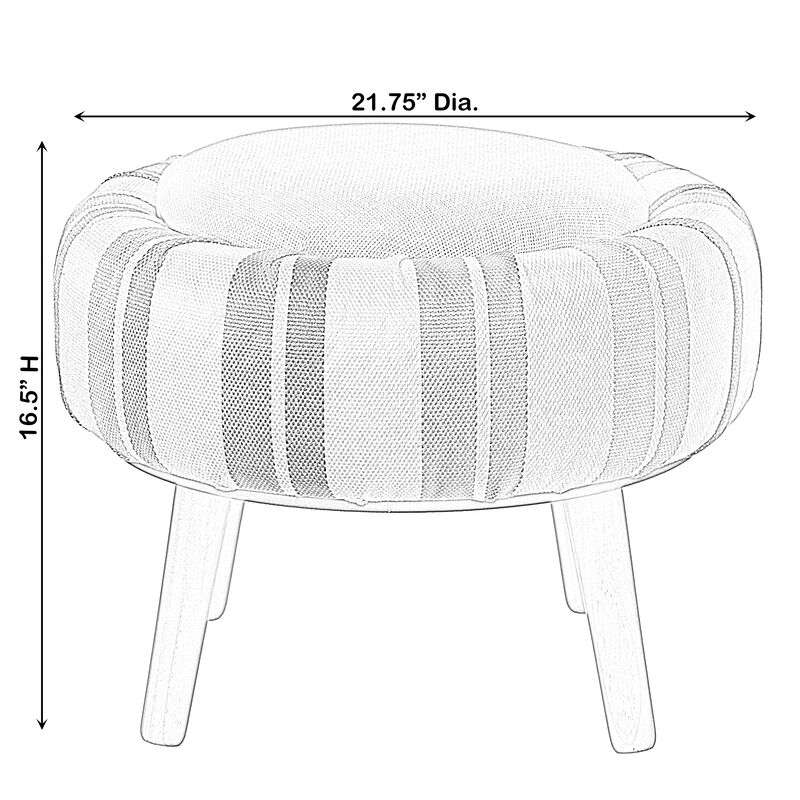 Modern Striped Round Fabric Ottoman with Inner Storage , White and Blue