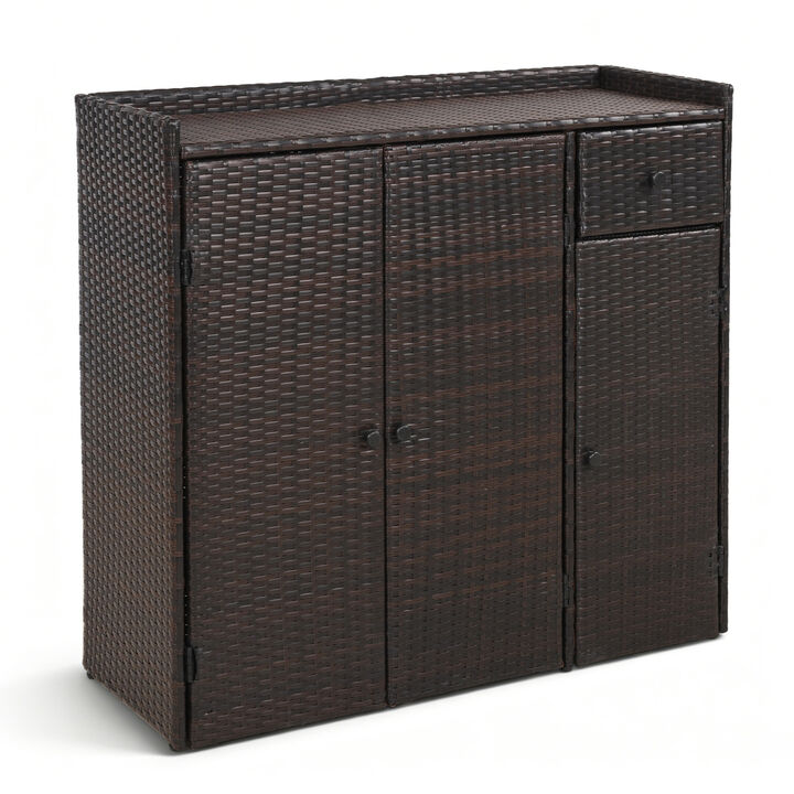 Durable Outdoor Wicker Storage Cabinet with 3 Doors Adjustable Shelves and Built in Drawer