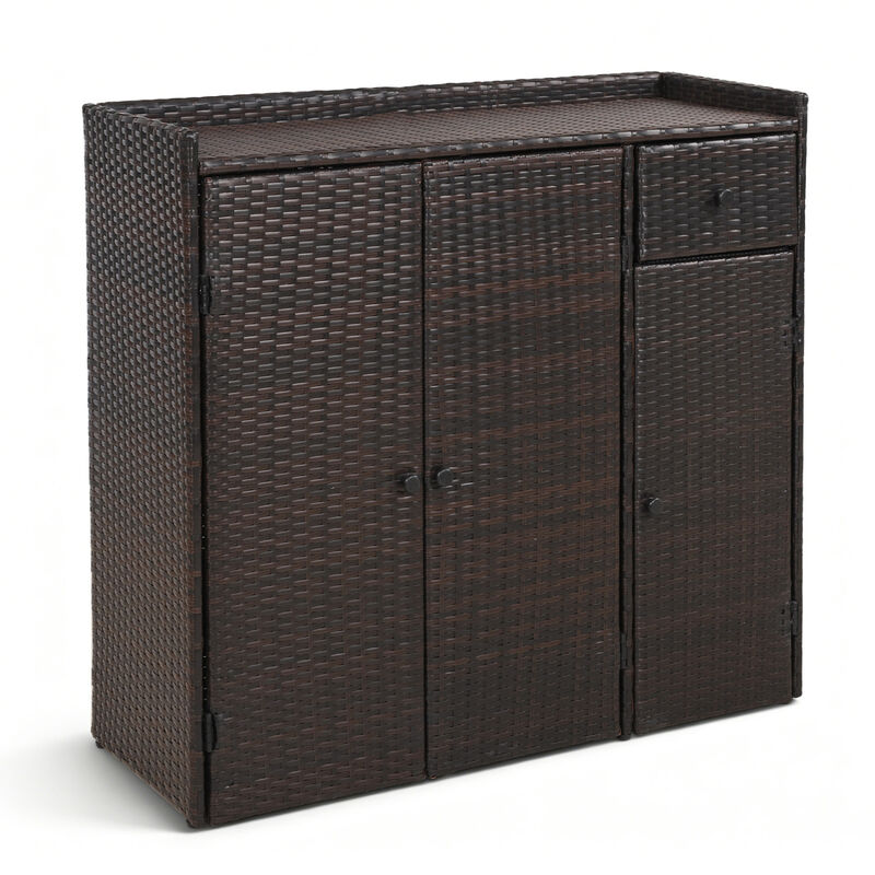 Durable Outdoor Wicker Storage Cabinet with 3 Doors Adjustable Shelves and Built in Drawer image number 0