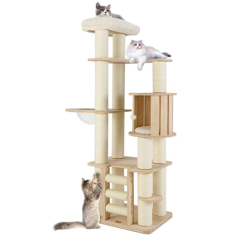 Tall Cat Tree Wooden Cat Tower with Cozy Perch Condo Space Capsule