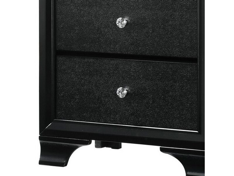 2 Drawer Wooden Nightstand with Textured Details and Crystal Pulls, Black-Benzara