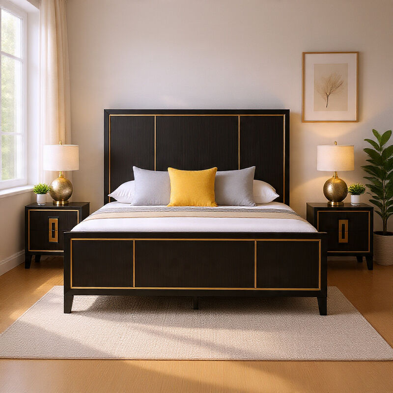 Queen Bedroom Set, Espresso Brown, Gold Wood, 3 Piece Set with 2 Nightstands image number 8