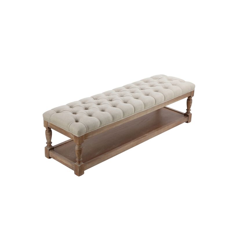 Xena Bench, 59 Inch Tufted Padded White Linen Top, Solid Wood Base