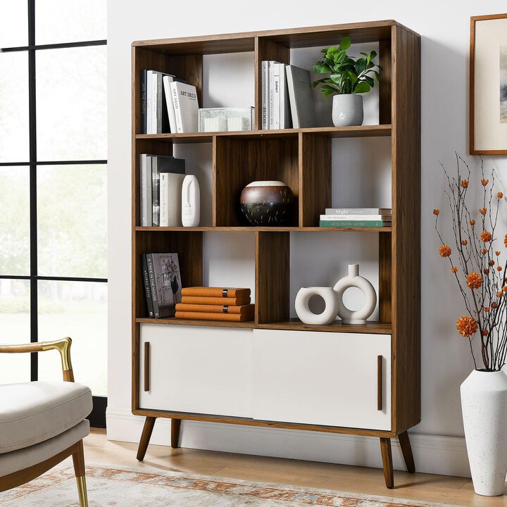 Modway Transmit 8 Shelf Bookcase with Sliding Doors in Walnut - 45 Inch Wood Mid-Century Modern Bookshelf - 4 Tier Tall Open Display Storage Cabinet for Living Room, Office, Hallway