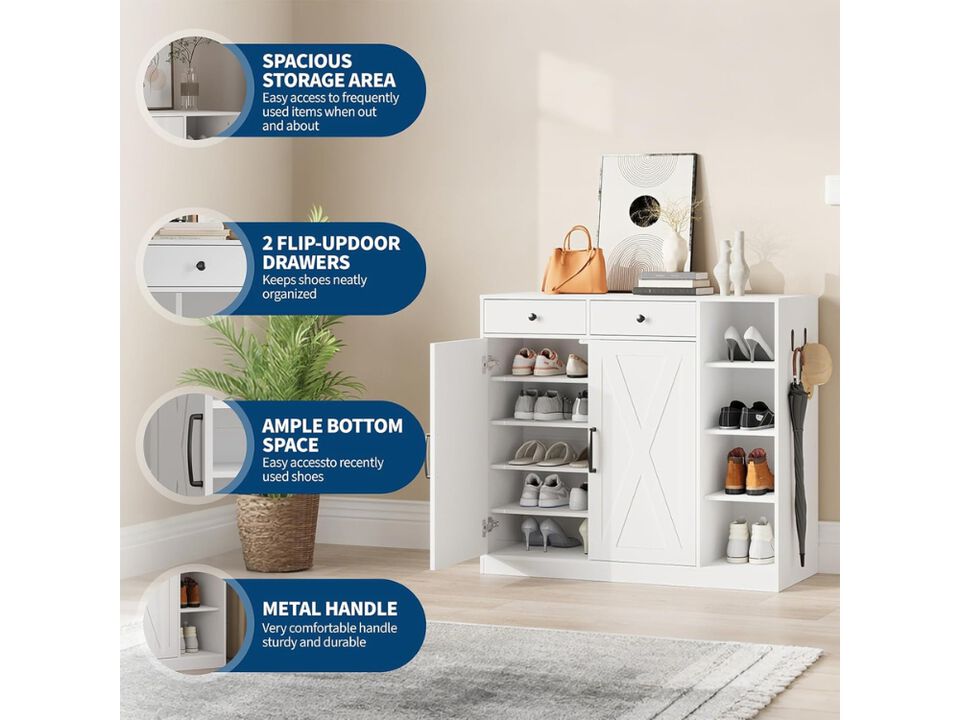 Entryway Shoe Storage Cabinet White 2 Barn Doors 2 Drawers