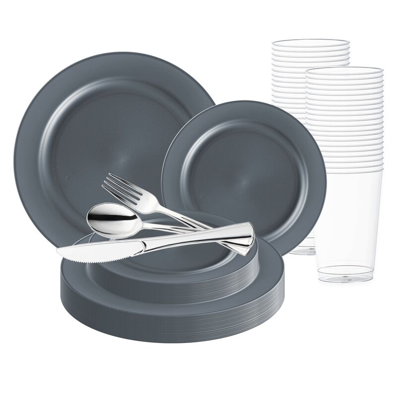 Matte Charcoal Gray Round Plastic Wedding Value Set (30 Sets) image number 0