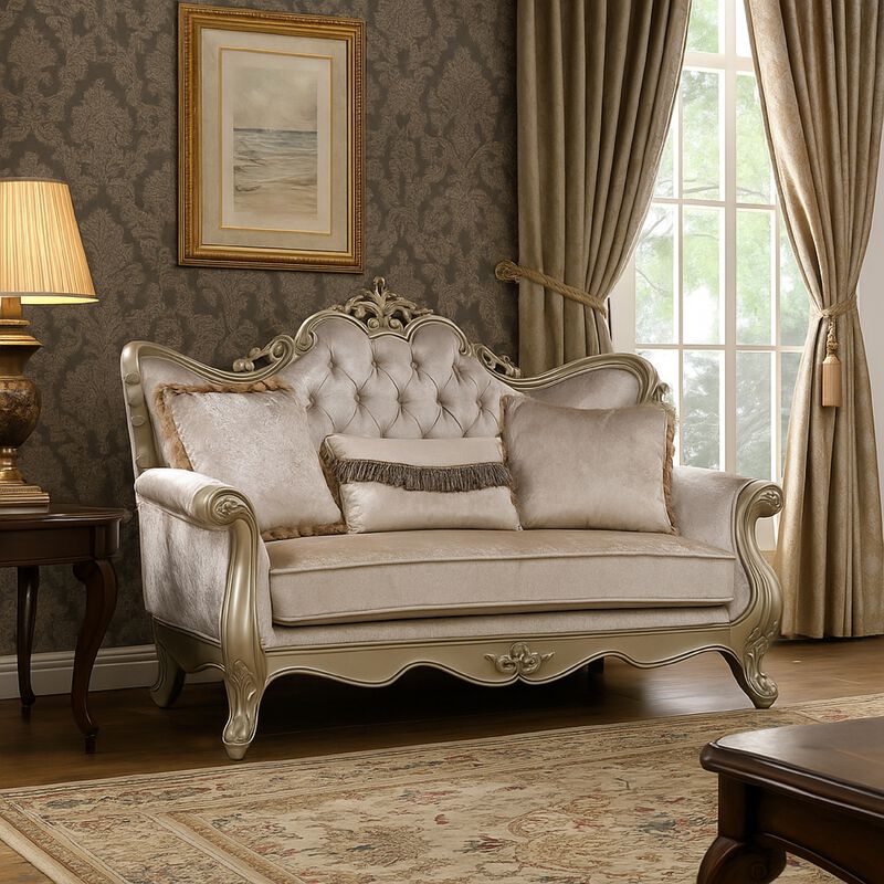 Kerra Loveseat with Accent Pillow, Classic Beige Fleur De Lis 72 Inch