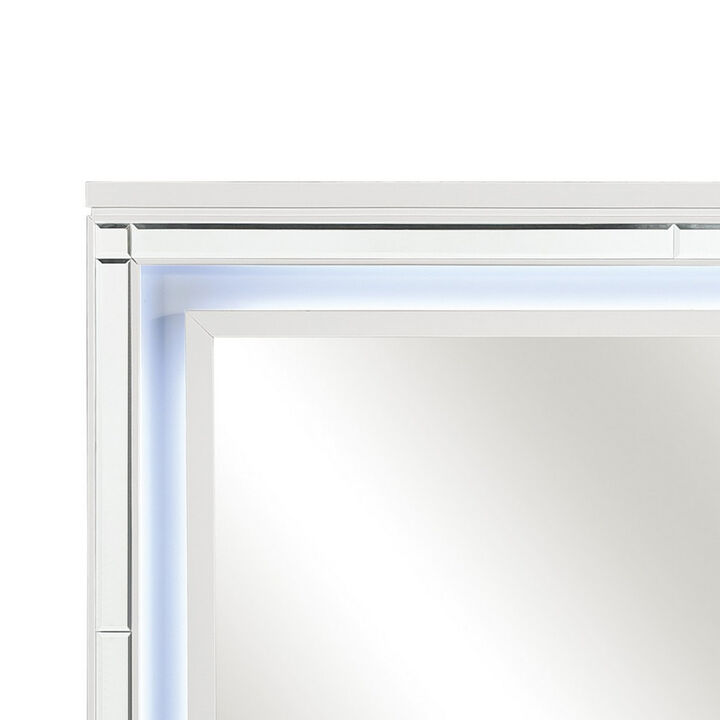 Contemporary Style Beveled Edge Mirror with LED Light, White and Silver-Benzara