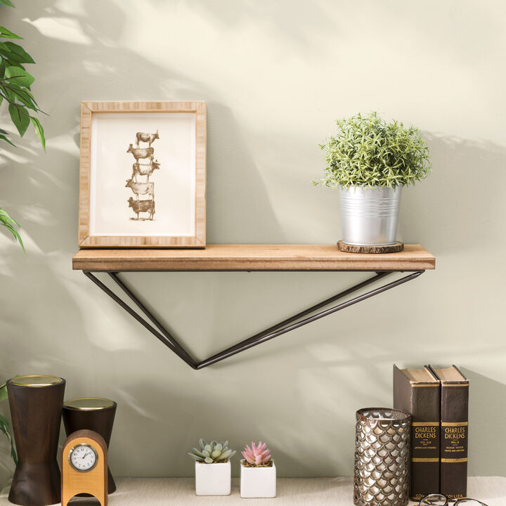 Rustic Wall Mount Pine Wood Floating Display Shelf with Diamond-Shaped Asymmetrical Iron Bracket