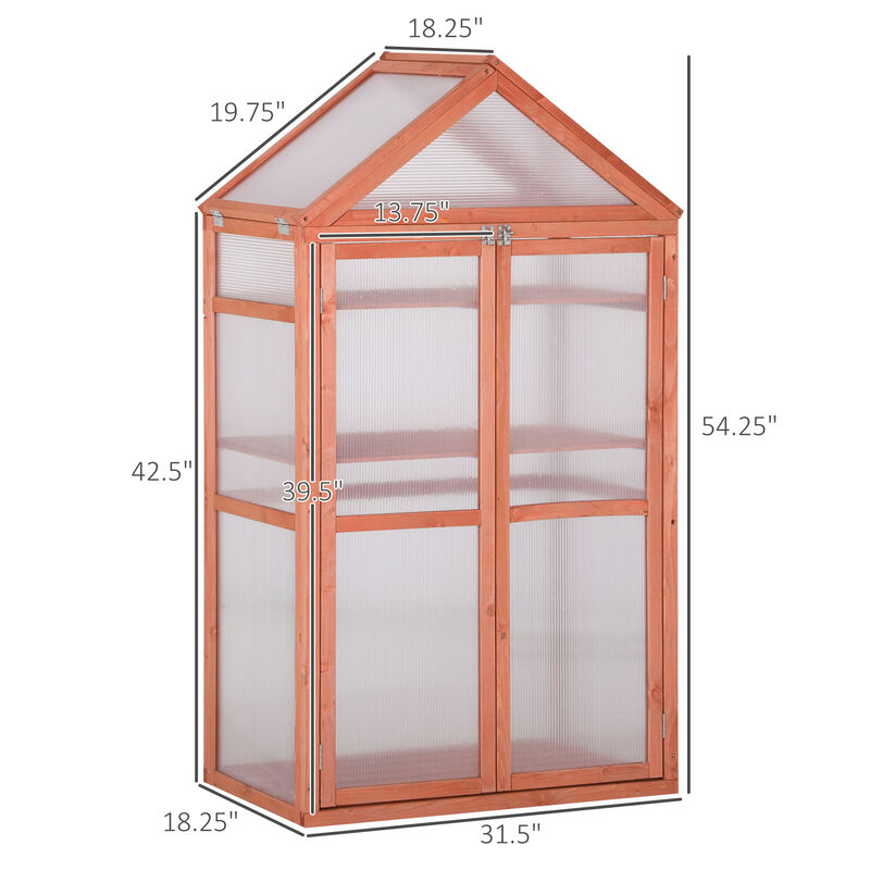 Outsunny 32" x 19" x 54" Garden Wood Cold Frame Greenhouse Flower Planter with Adjustable Shelves, Double Doors, Orange