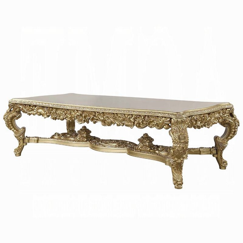 Rexx Dining Table, Classic Carved Gold Wood, 111 Inch Rectangular Top - Benzara