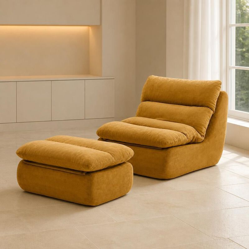 GOODSILO Tufted Upholstered Large Chaise Lounge Bean Bag Chair With Matching Ottoman Comfortable Lazy Sofa For Living Room Bedroom Reading Napping image number 3