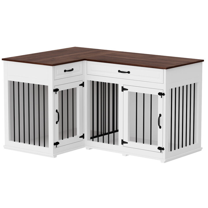 Large Corner Dog Crate Furniture for 2 Dogs with 2 Drawers, Wooden Dog Kennel Corner Dog Cage Perfect for Limited Room