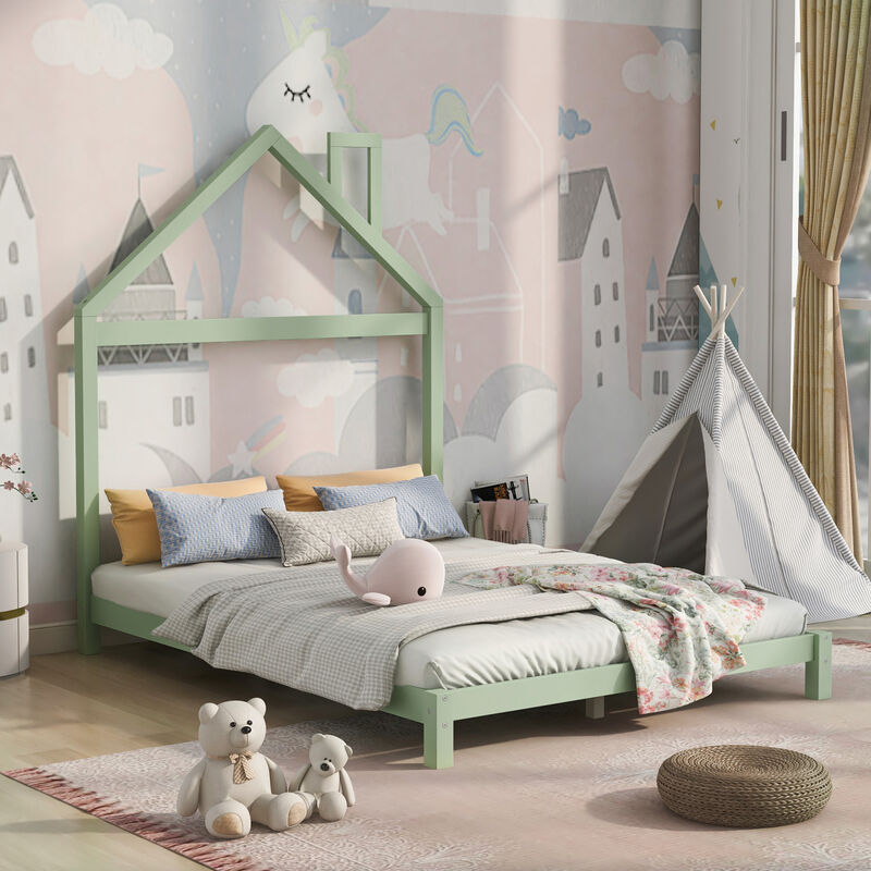 Full Size Wood Platform Bed with House-shaped Headboard. image number 1