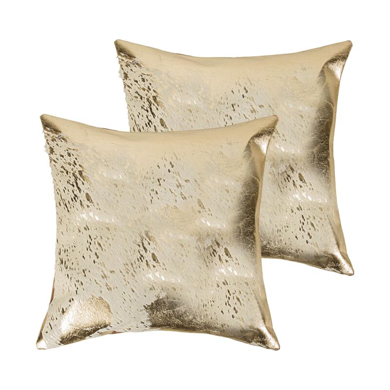HomeRoots Set of Two 18" Natural and Gold Abstract Cowhide Throw Pillows with Glitter image number 0