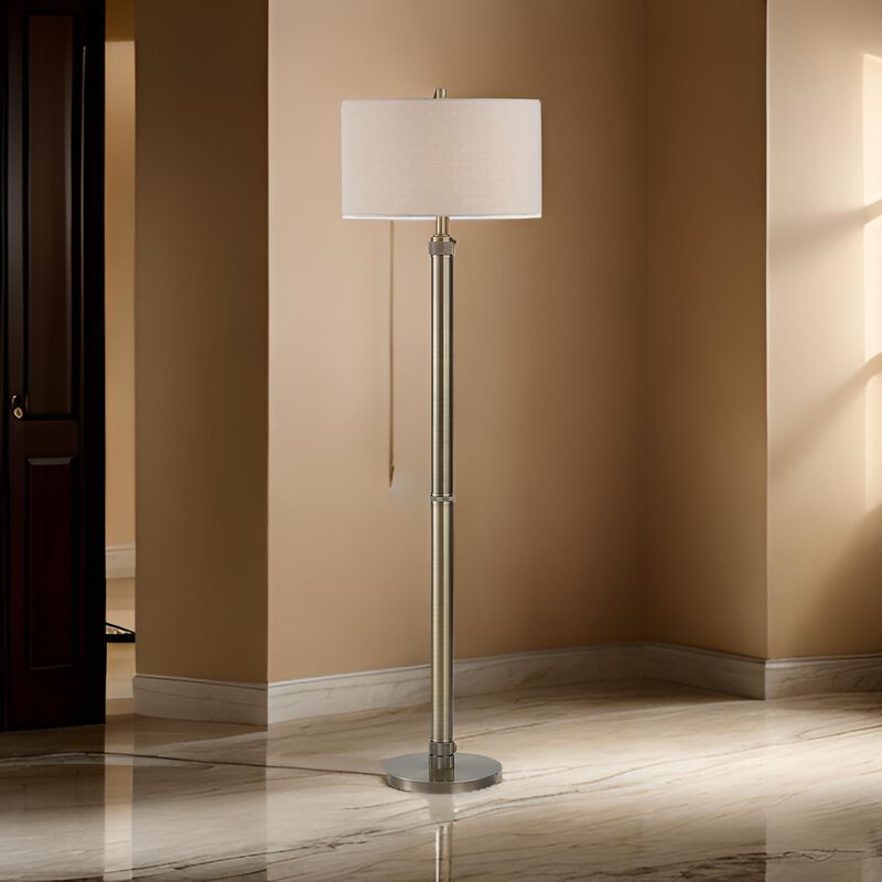 Modern Floor Lamp, White Linen Drum Shade, Brass Metal Pole, Round Base - Benzara
