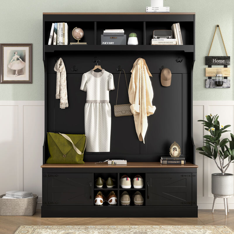 Merax All-in-One Entryway Storage Unit with Seating Bench, Coat Hooks & Shoe Rack image number 1