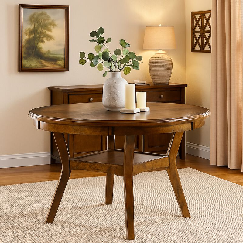 Round Top Wooden Dining Table with Boomerang Legs, Walnut Brown