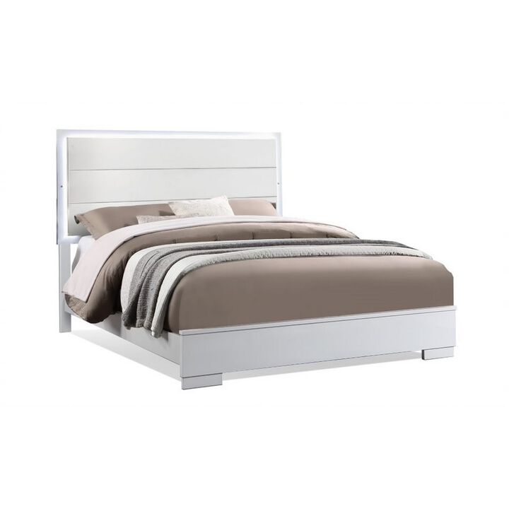 Vin Modern Queen Size Bed, Panel Headboard, LED Light, Crisp White Finish-Benzara