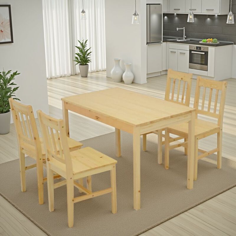 5 Piece Dining Table Set with 4 Side Chairs, Natural Brown Pine Wood - Benzara image number 5