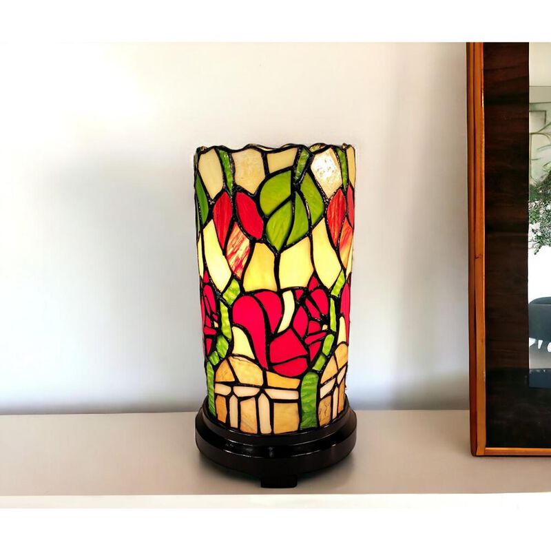Hivvago 14" Red Green and Black Floral Stained Glass Accent Lamp