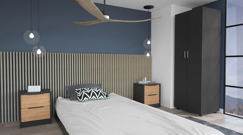 Deering 3 Piece Bedroom Set, London Armoire + Egeo Nightstand + Egeo Nightstand, Black / Pine