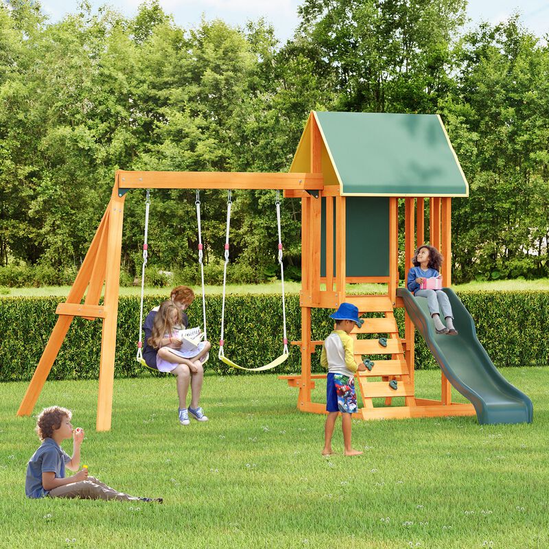 Mondawe Outdoor Cedarwood 3-in-1 Kids Playset Swing Set with Slide & Rock Wall, Adjustable Swings