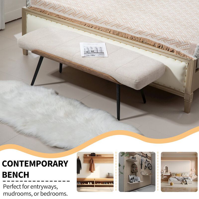 Glamour Home Beige Washed Woven Fabric Bench White Washed Wood Accents and Black Iron Legs