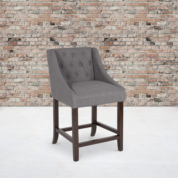 Flash Furniture Carmel Series 24" High Transitional Tufted Walnut Counter Height Stool with Accent Nail Trim in Dark Gray Fabric