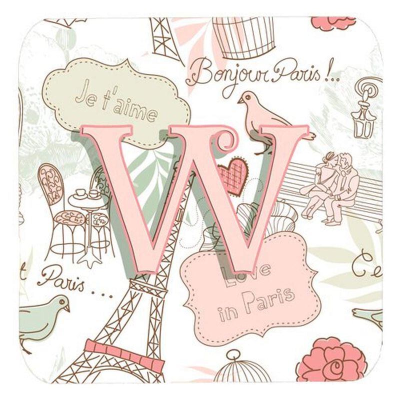 Caroline's Treasures CJ2002-WFC Letter W Love in Paris Pink Foam Coasters (Set of 4), 3.5, Multicolor