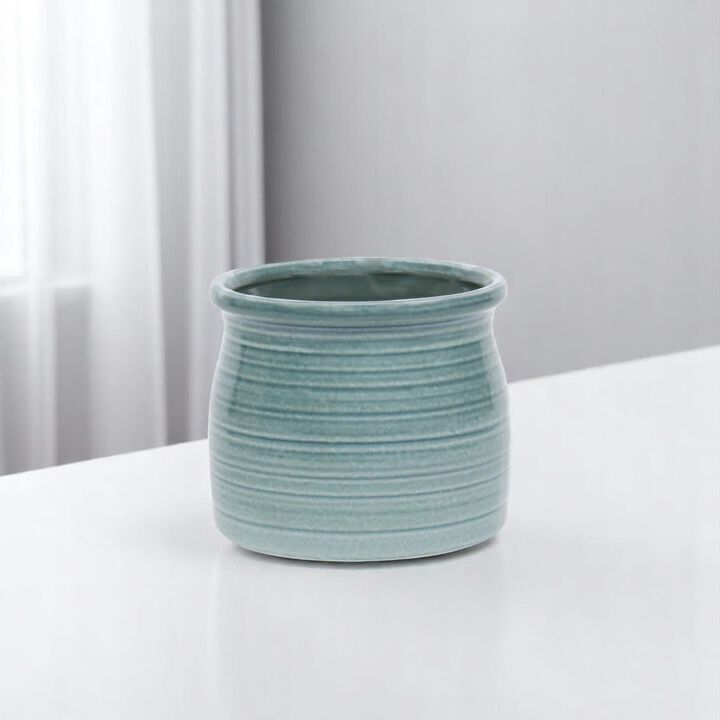 HomeRoots Blue Ceramic 22 Ounce Striped Round Distressed Pot Planter