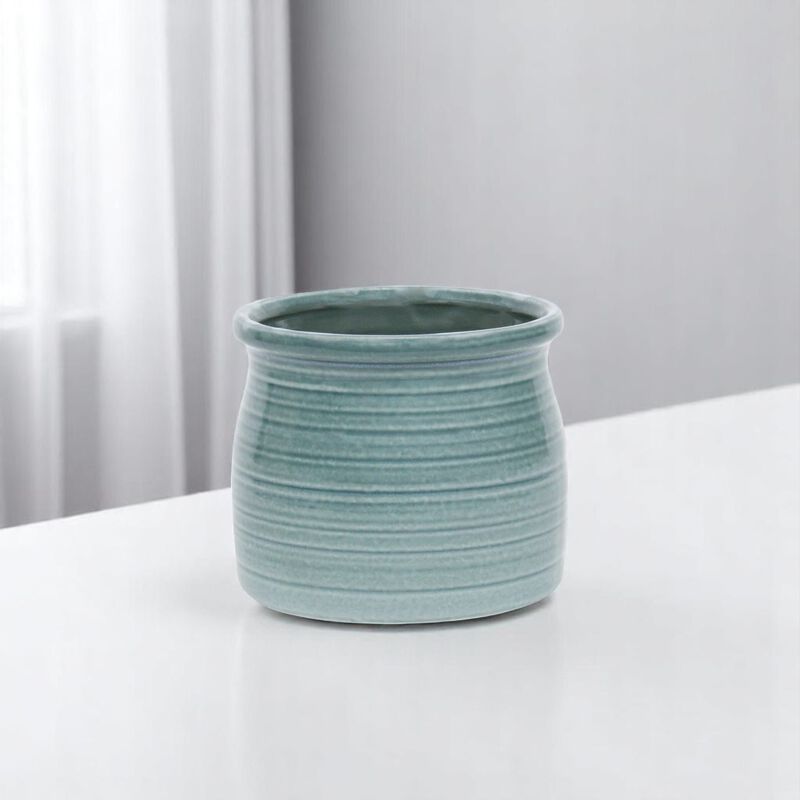 HomeRoots Blue Ceramic 22 Ounce Striped Round Distressed Pot Planter image number 1