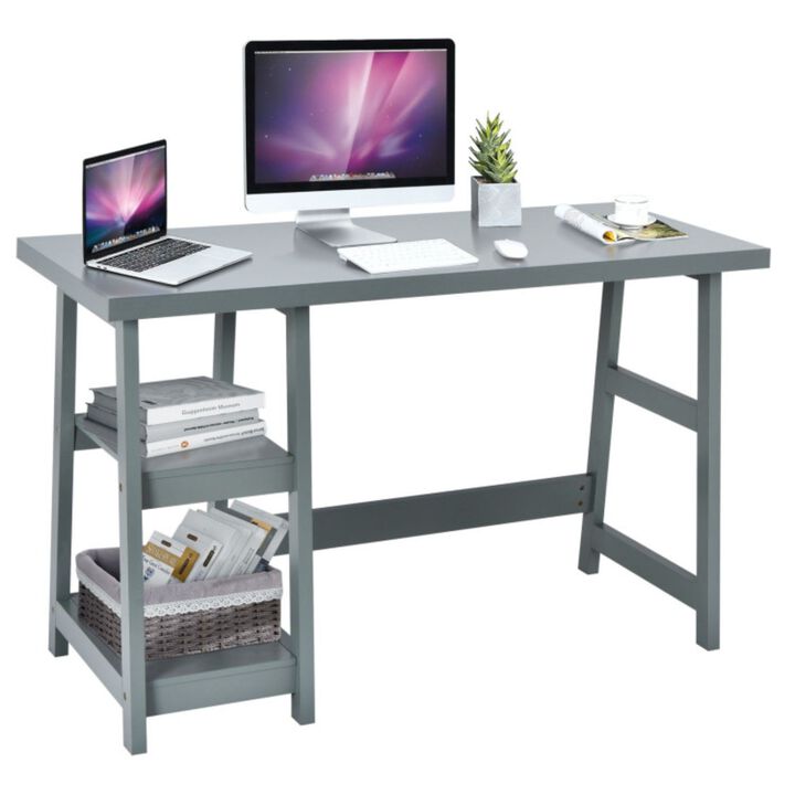 Wooden Trestle Computer Desk with 2-Tier Removable Shelves