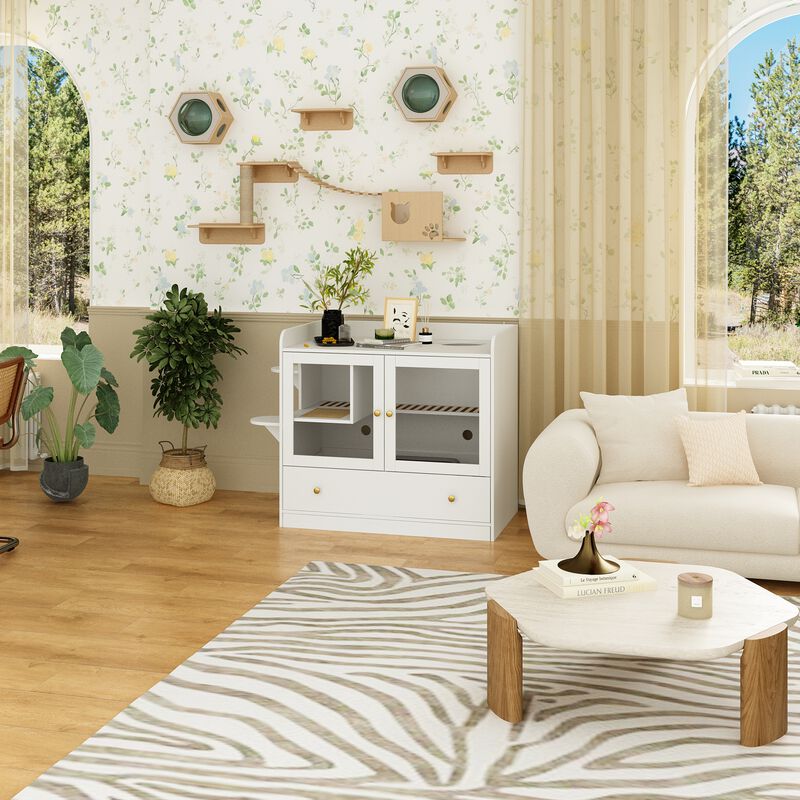 Extra Large Cat Litter Box Furniture Hidden, Cat Condo Pet House with Stairs, Cat Litter House for Living Room, White image number 8