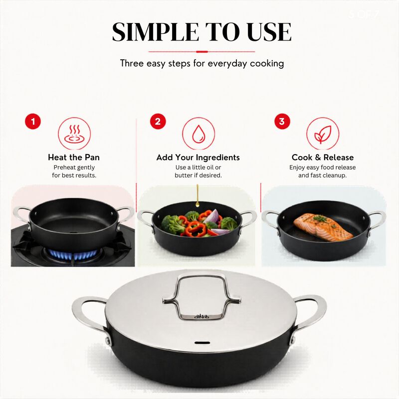 Alva Maestro Cookware Set 7-Piece Set - Nonstick Ceramic Pans and Pots - Oven Safe, Easy to Clean and Made without PFAS, PFOA & PTFE - Induction & All Stovetop Compatible with Even Heat Distribution image number 6